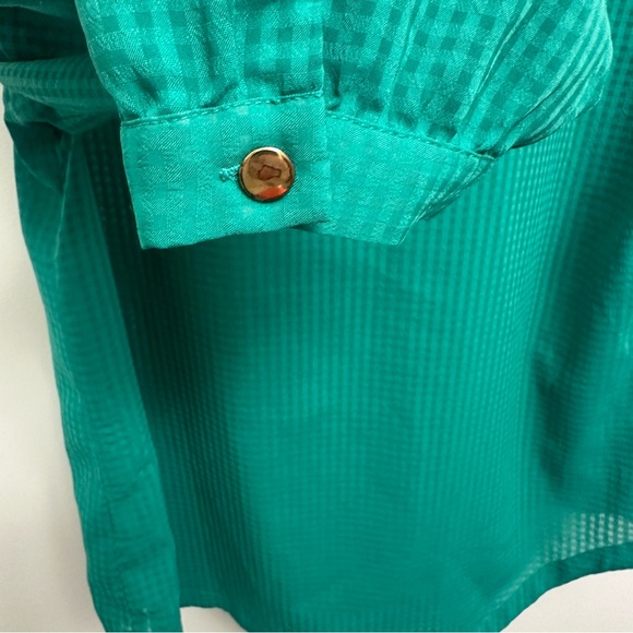 J Crew Sheer Checkered Green Top 3/4 Sleeve Button Scoop Neck Medium - Picture 4 of 5